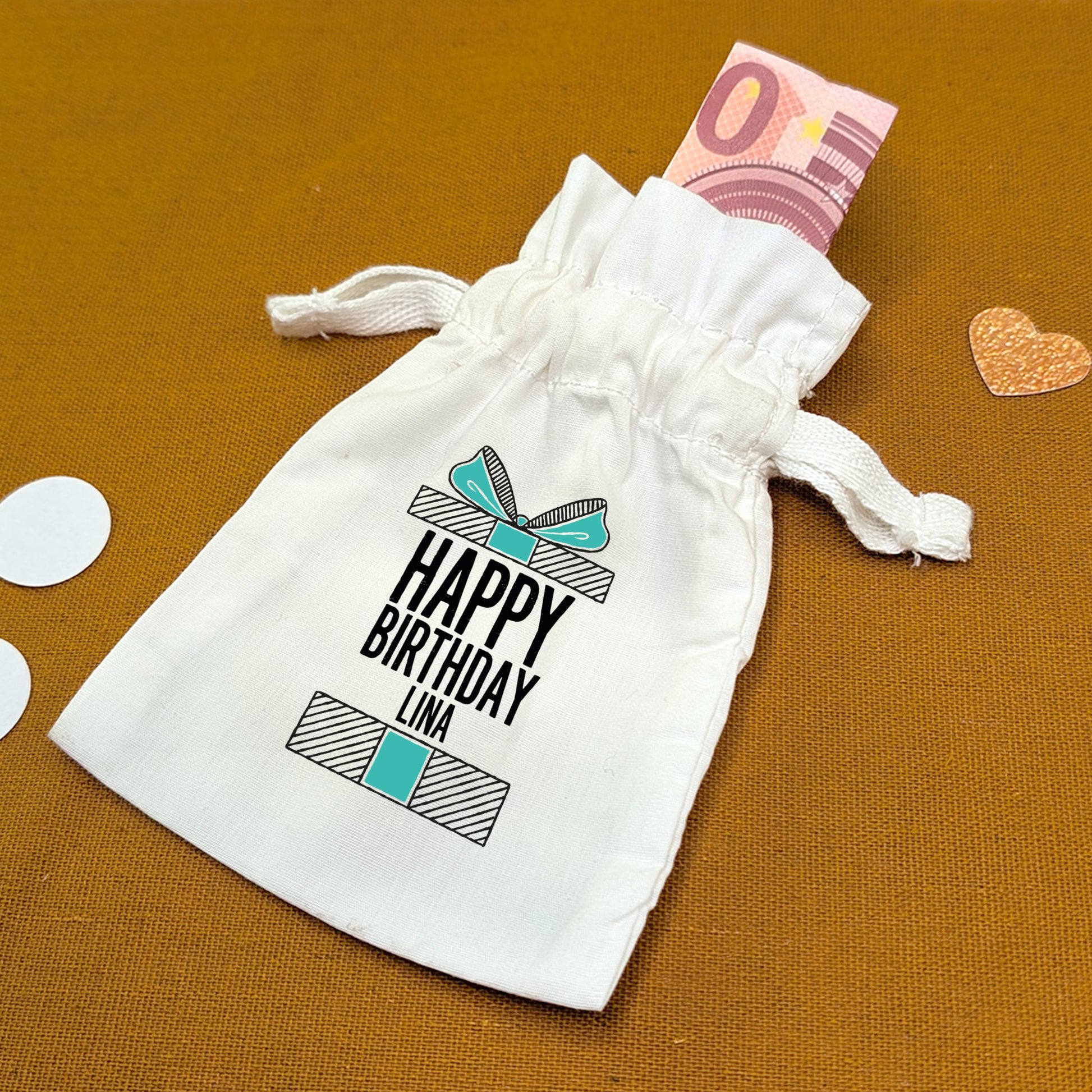 Geldgeschenk-Beutel mit Geburtstagsmotiv und Name „Lina“