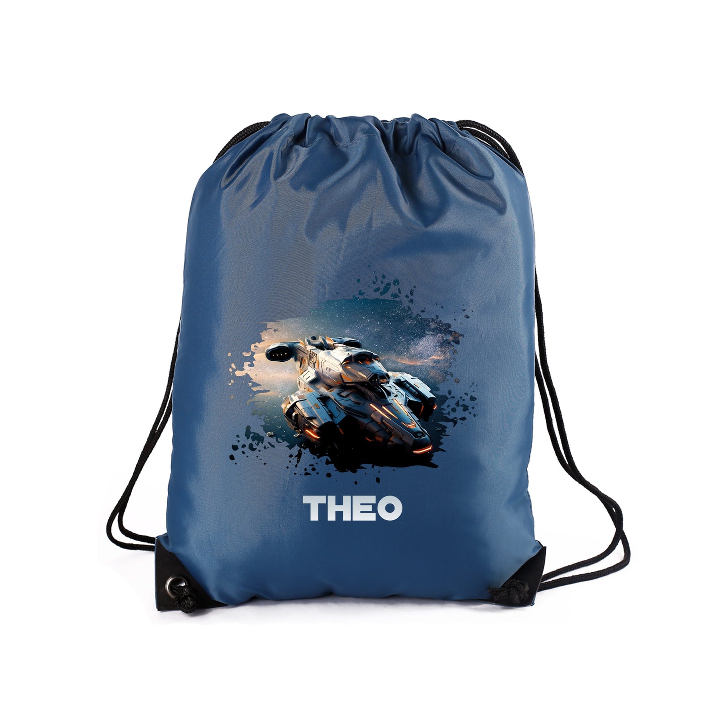 Freigestellter Turnbeutel in Blau mit Raumschiff-Aufdruck und Name „Theo“