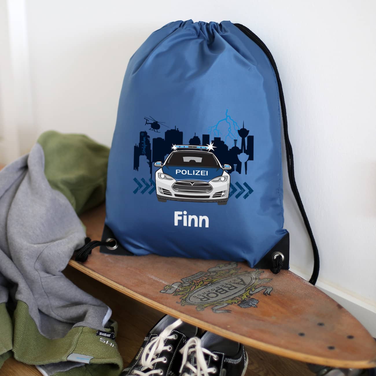 Polizei Sportbeutel mit Streifenwagen und Name