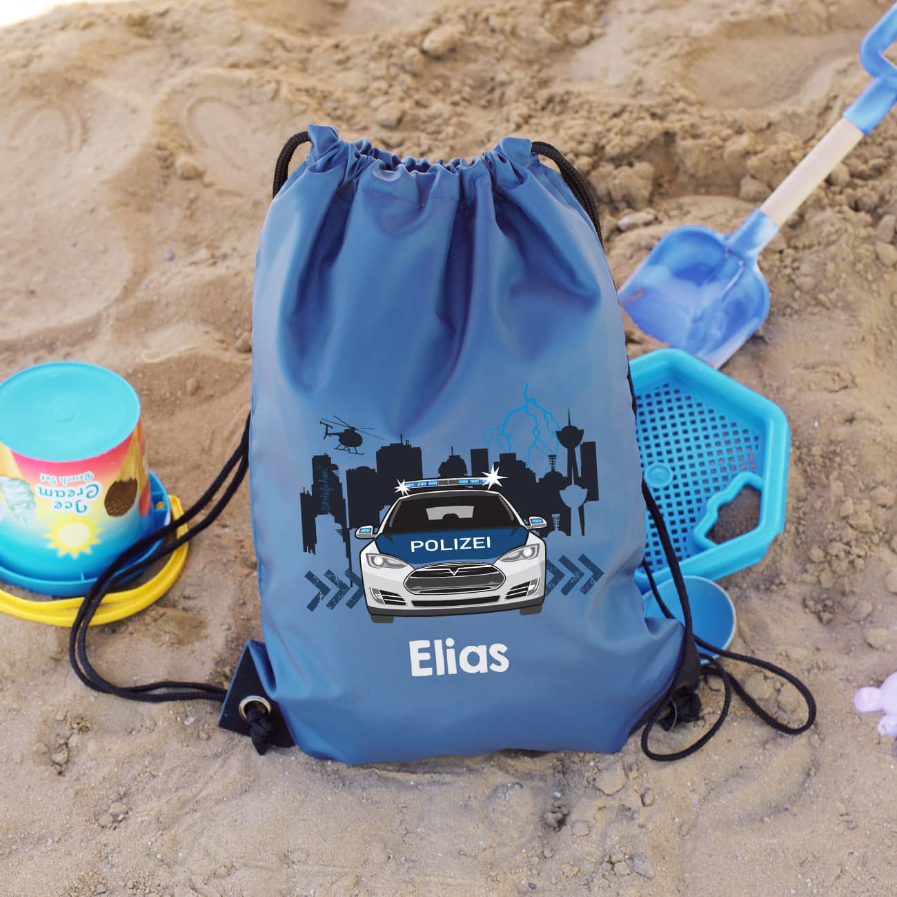Polizei Sportbeutel mit Streifenwagen und Name