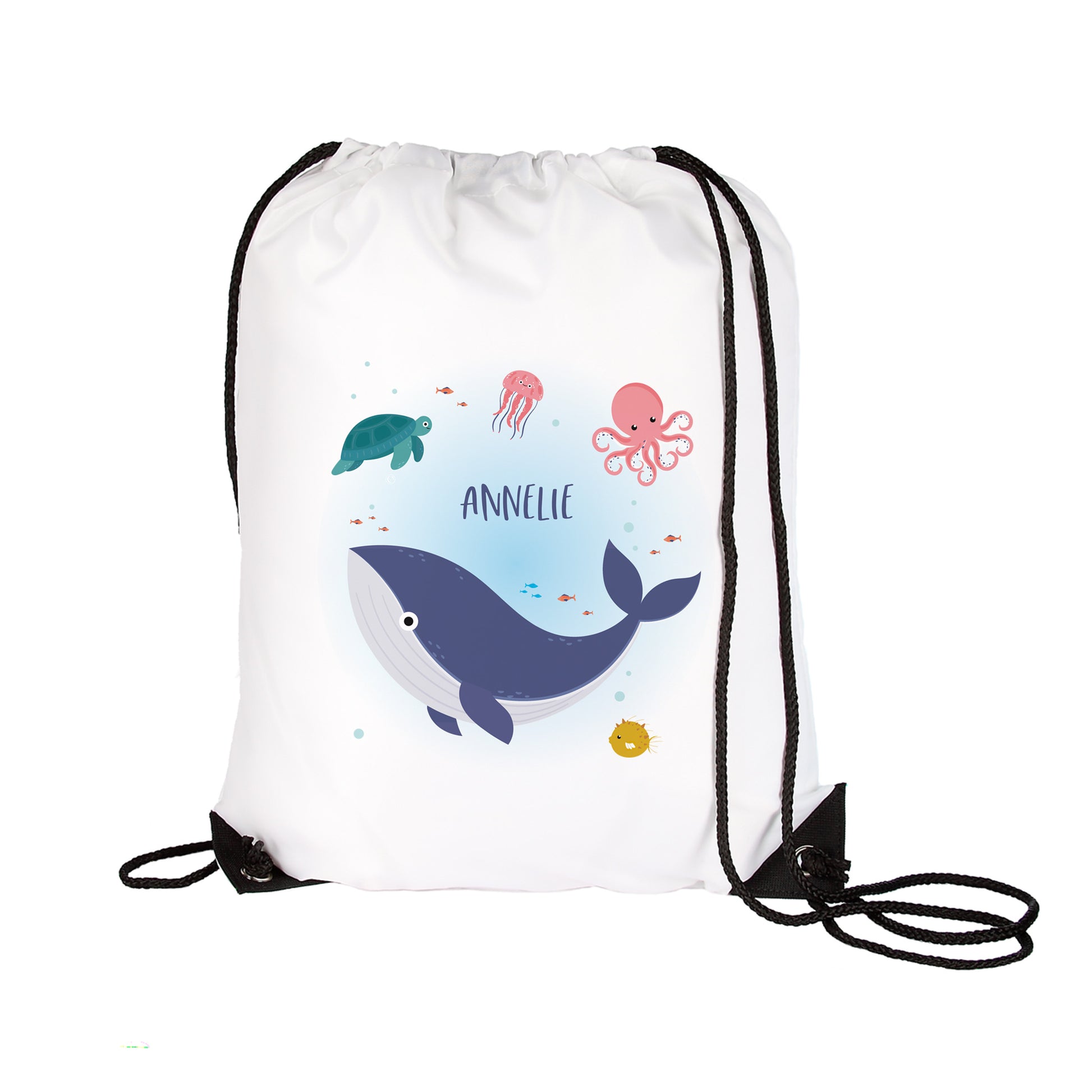 Freigestellter Sportbeutel mit Wal, Oktopus und Schildkröte, Name Annelie
