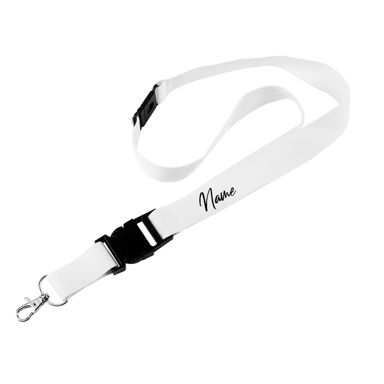 Ihr Name wird in schwarzer dezenter Schreibschrift beidseitig auf das weiße Schlüsselband aufgedruckt.