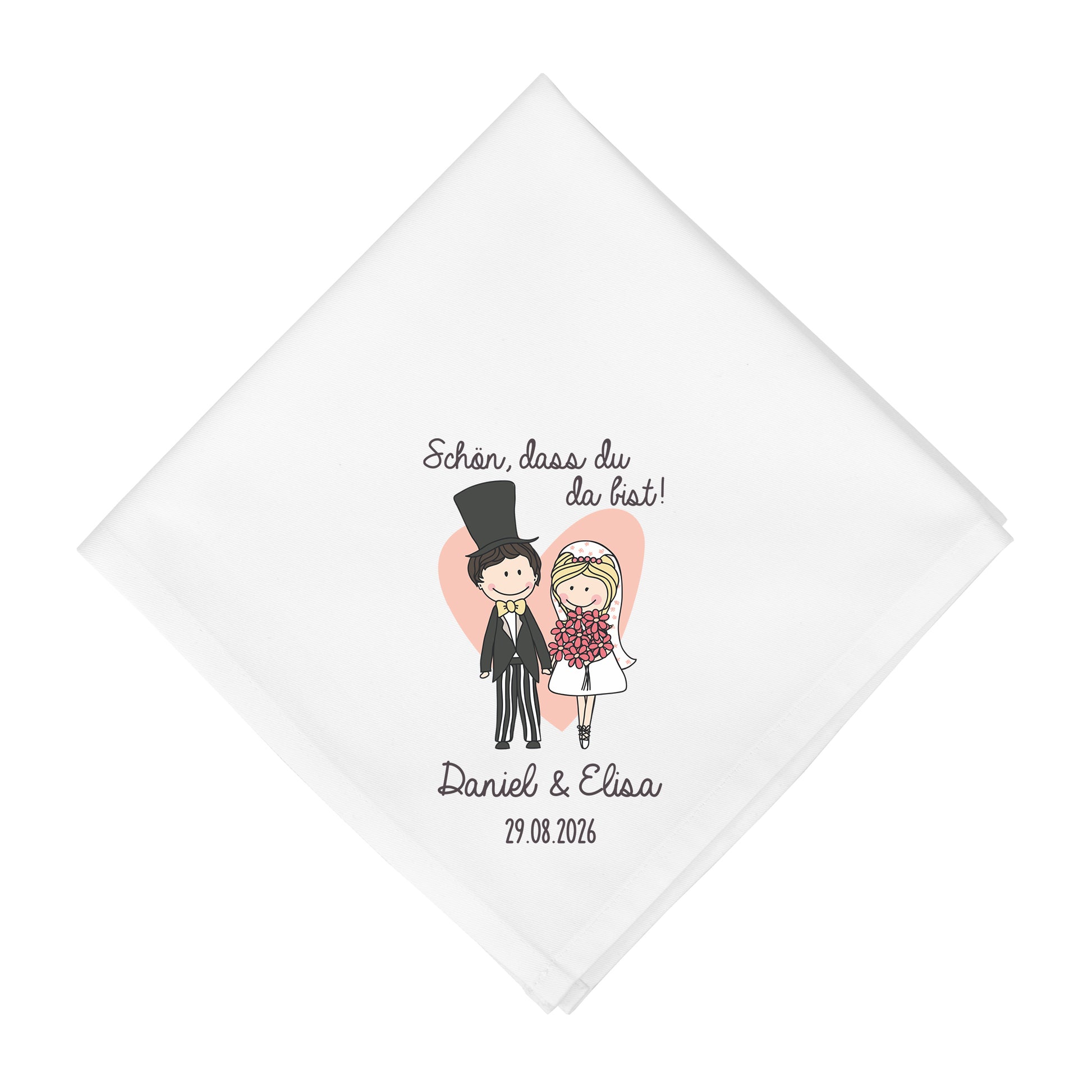 Weiße Stoffserviette Hochzeit personalisiert mit Namen Datum und Brautpaar Motiv freigestellt