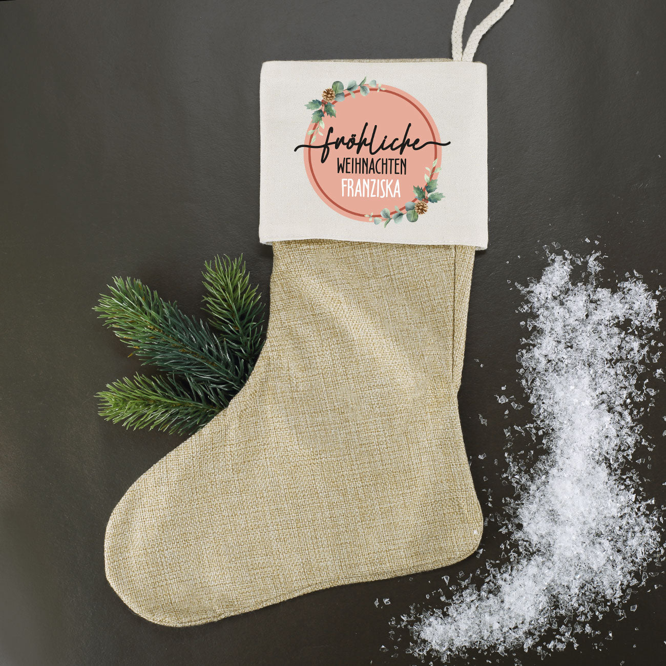 Weihnachtsstrumpf mit Personalisierung, bedruckte Nikolaussocke aus Jute