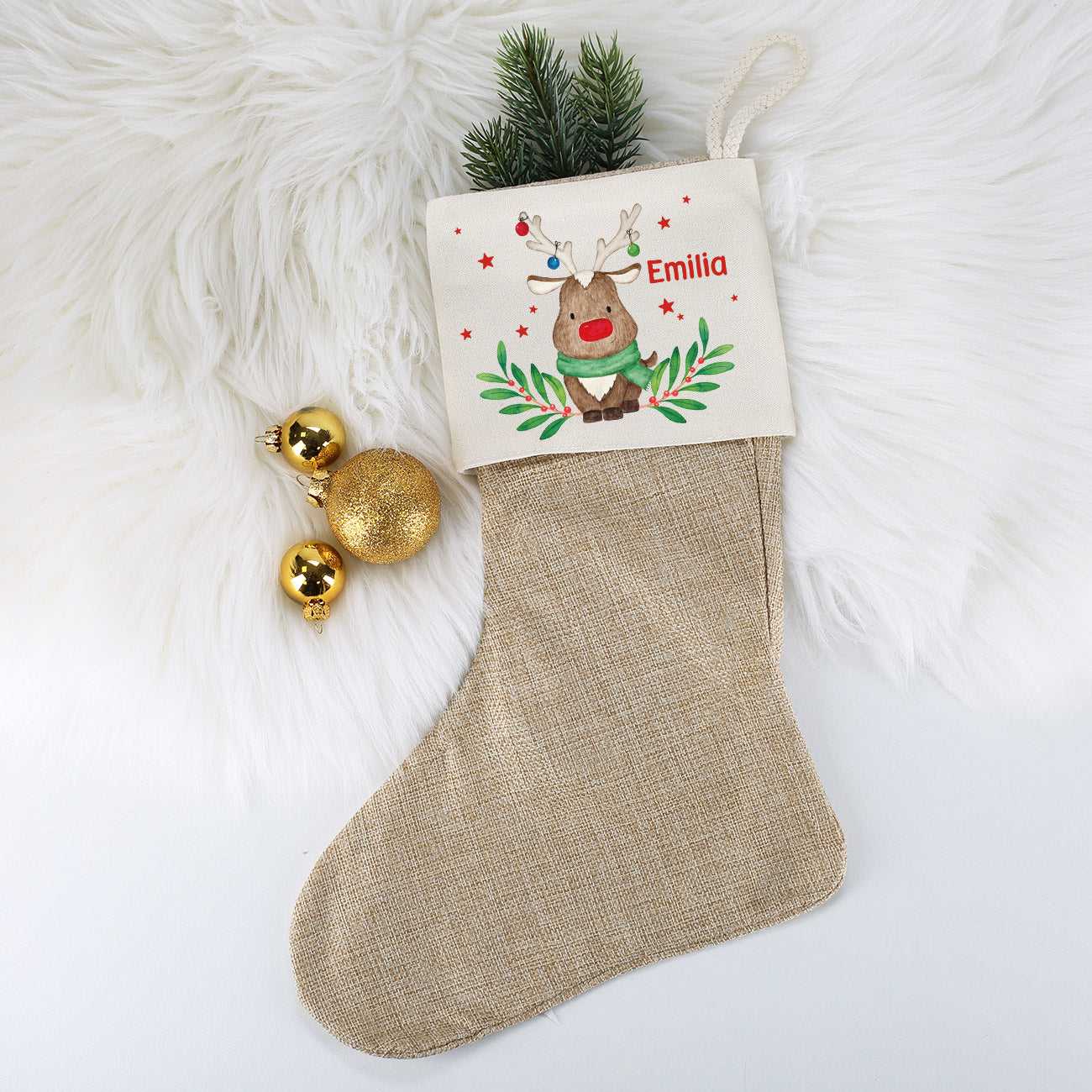 Weihnachtssocke mit Rentiermotiv und Namensaufdruck