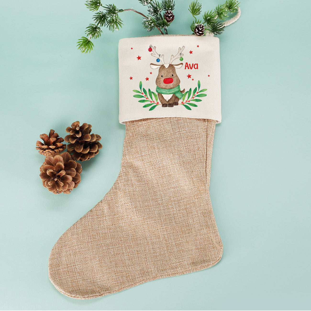 Weihnachtssocke mit Rentiermotiv und Namensaufdruck