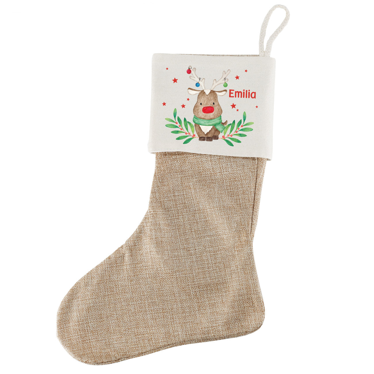 Weihnachtssocke mit Rentiermotiv und Namensaufdruck