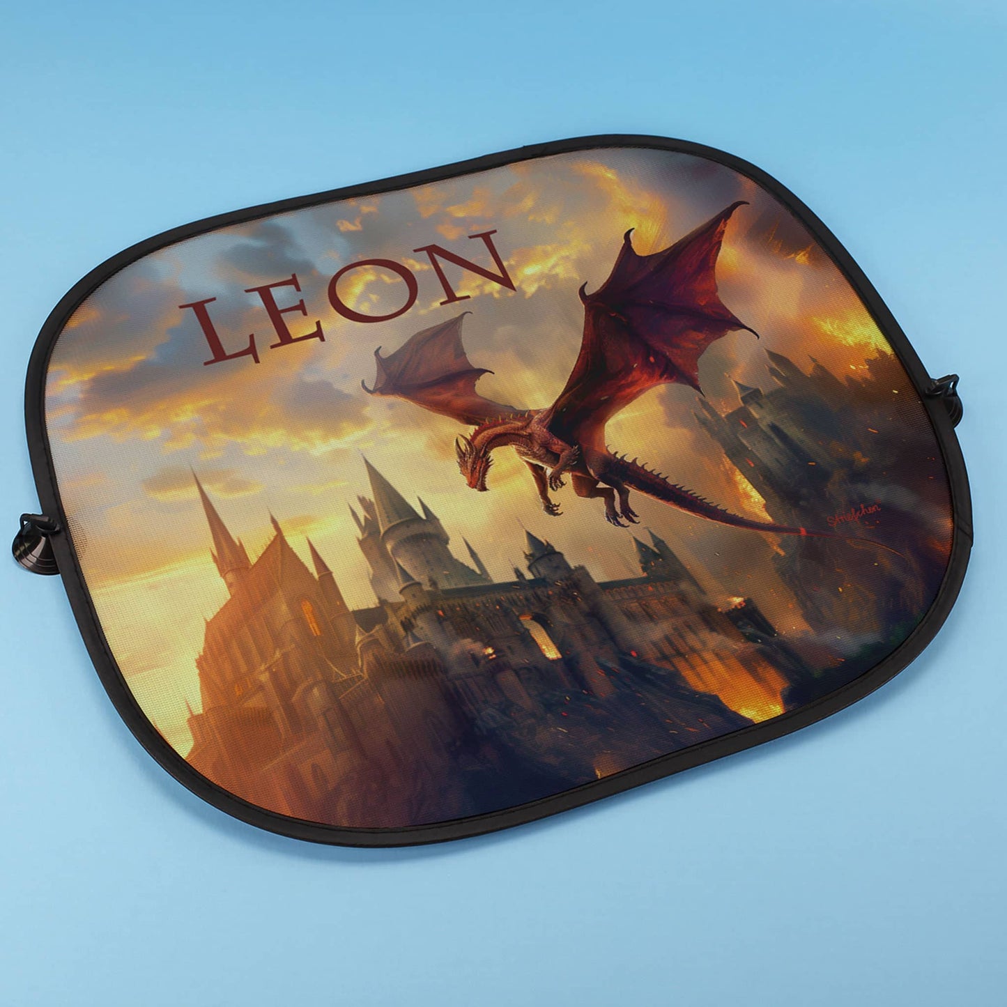 Auto-Sonnenschutz für Kinder mit Drache und Name gestaltet