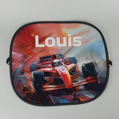 Sonnenschutz für das Auto mit Rennwagen - Motiv und Wunschname bedruckt