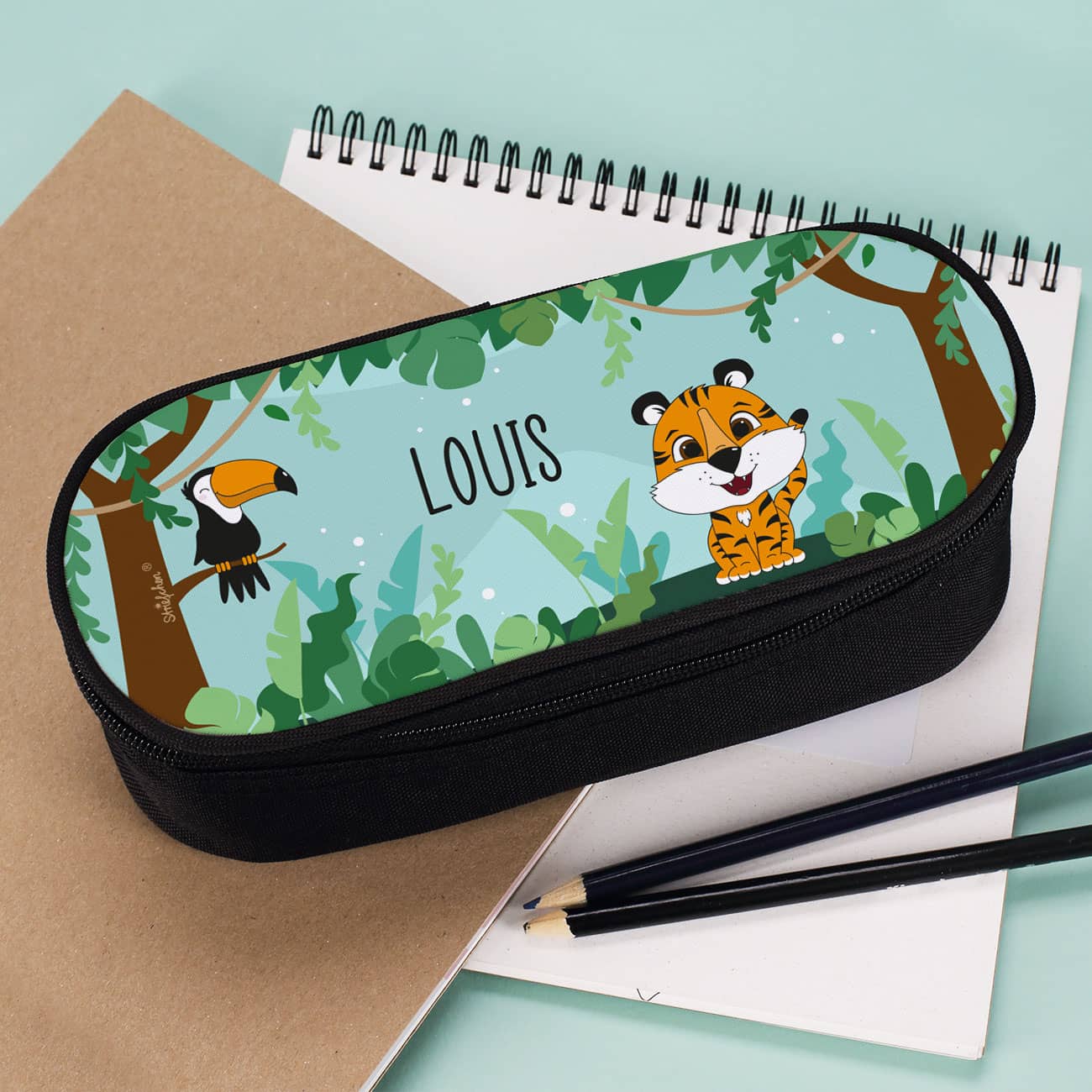 Stiftebox mit Tiger, Tucan und Dschungel als Motiv