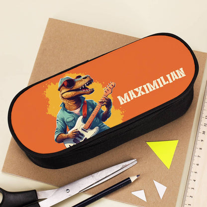 Bedruckte Stiftebox mit rockenden T-Rex und einem Namen Ihrer Wahl