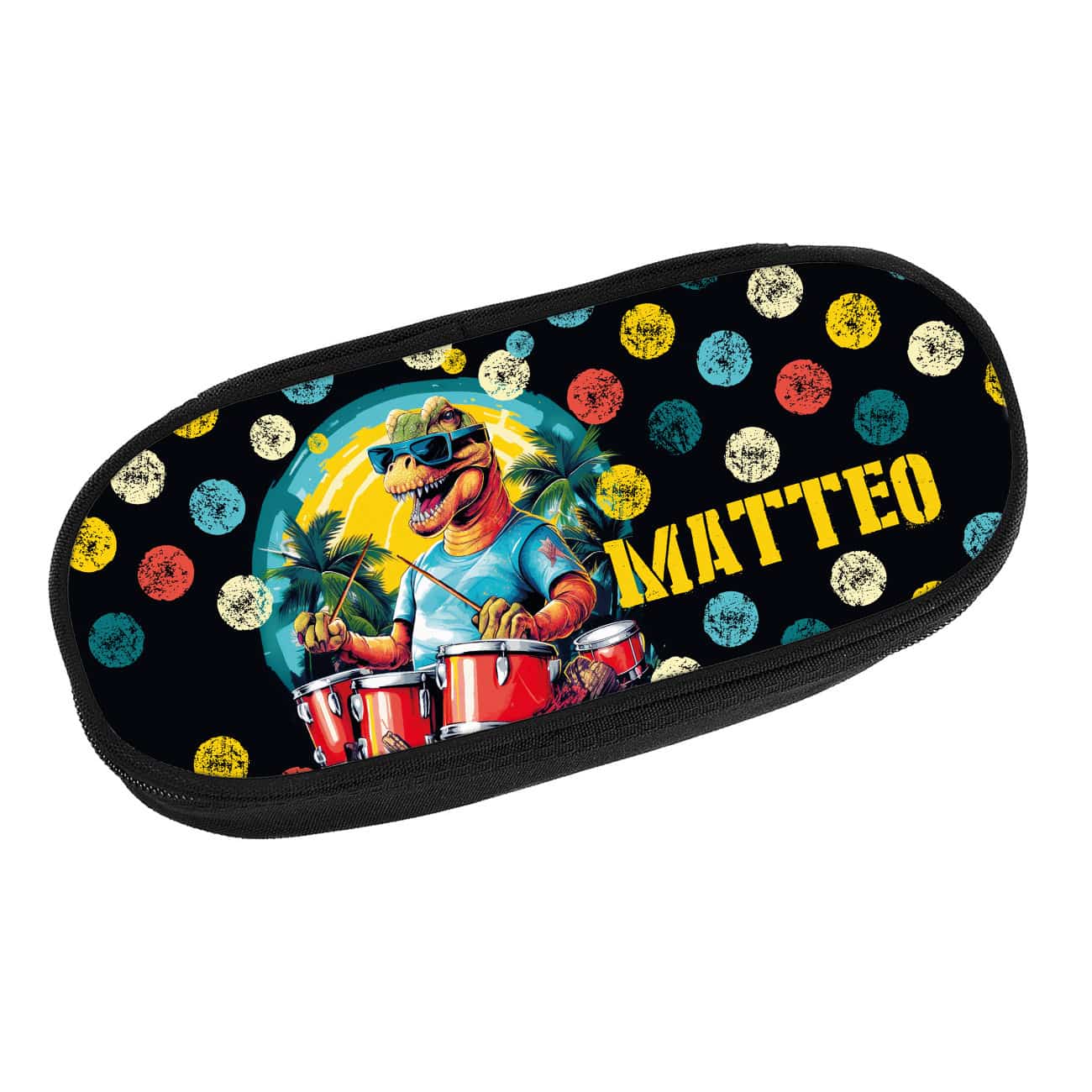 Dino-Drummer - Stiftebox mit Name als Geschenkidee für Musikliebhaber und Dino-Fans