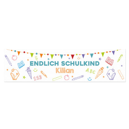 Freigestellter großer Tischläufer „Endlich Schulkind“ mit bunten Schulmotiven