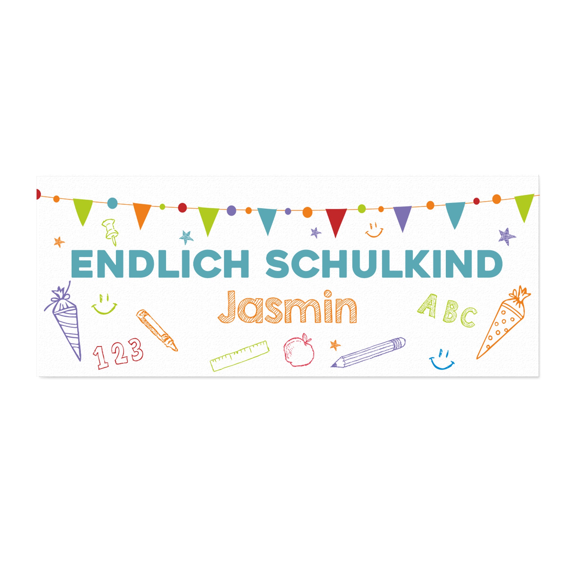 Freigestellter kleiner Tischläufer „Endlich Schulkind“ mit bunten Schulmotiven