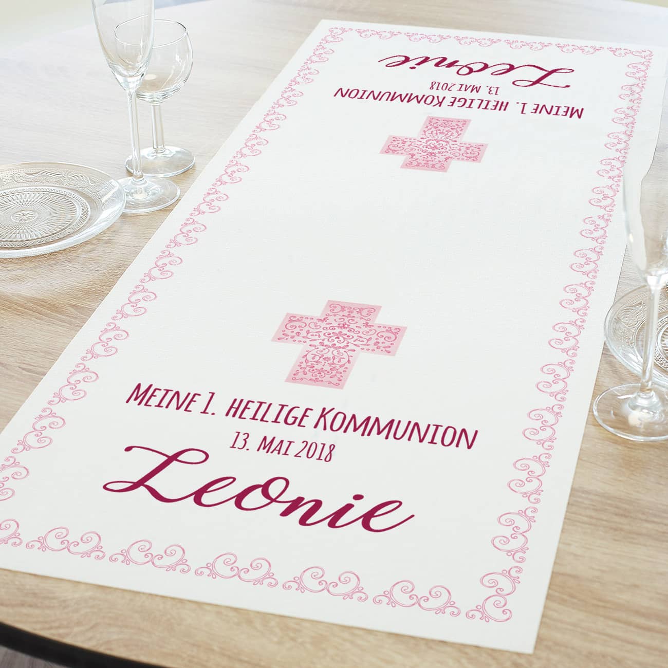 Tischläufer zur Kommunion, Konfirmation oder Taufe, in rosa