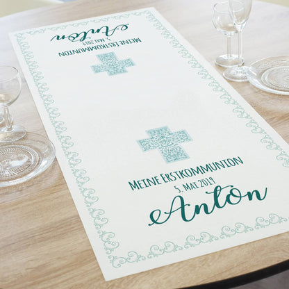 Tischläufer zur Kommunion, Konfirmation oder Taufe, in türkisblau