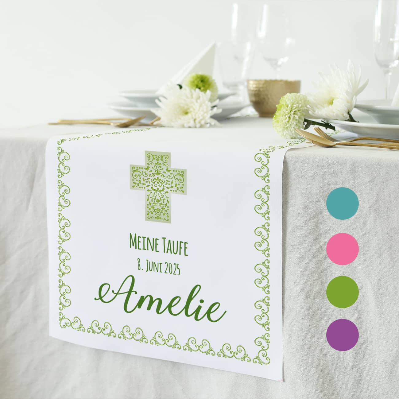 Tischläufer zur Kommunion, Konfirmation oder Taufe, in grün