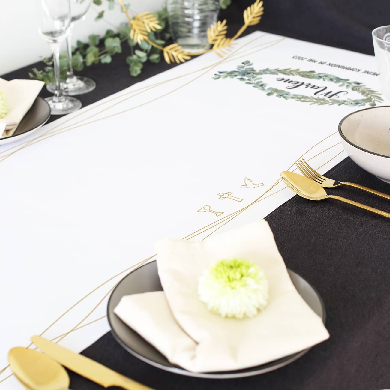 Tischläufer - Eukalyptus Fisch - zur Taufe, Kommunion oder Konfirmation - in zwei Längen