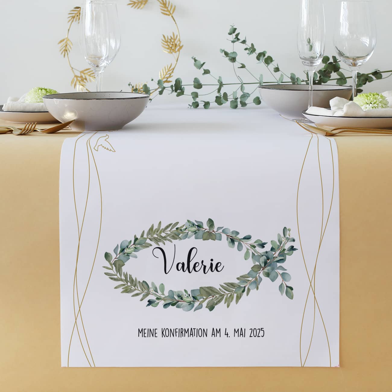 Tischläufer - Eukalyptus Fisch - zur Taufe, Kommunion oder Konfirmation