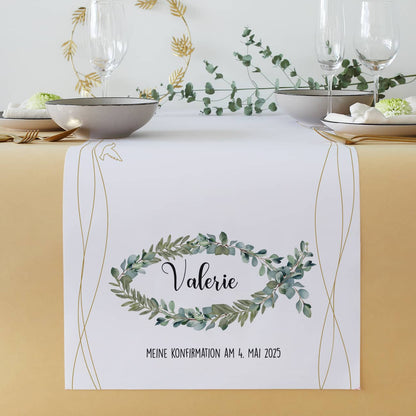 Tischläufer - Eukalyptus Fisch - zur Taufe, Kommunion oder Konfirmation