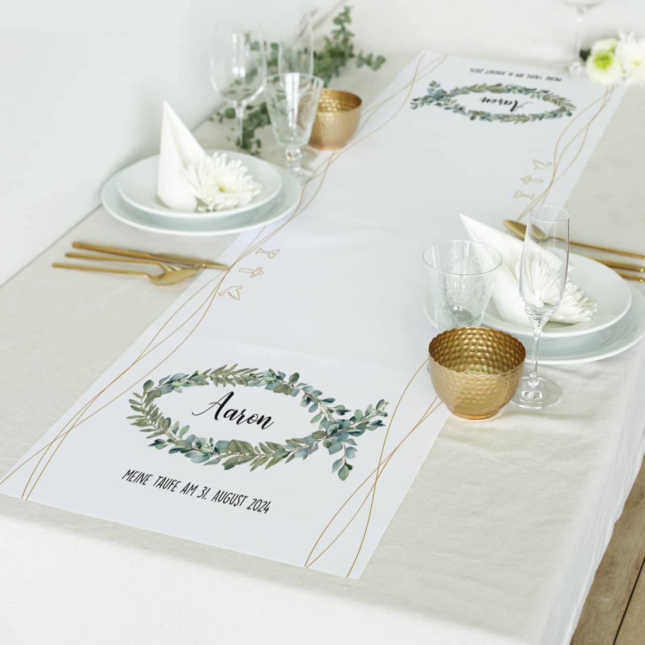 Tischläufer - Eukalyptus Fisch - zur Taufe, Kommunion oder Konfirmation - in zwei Längen