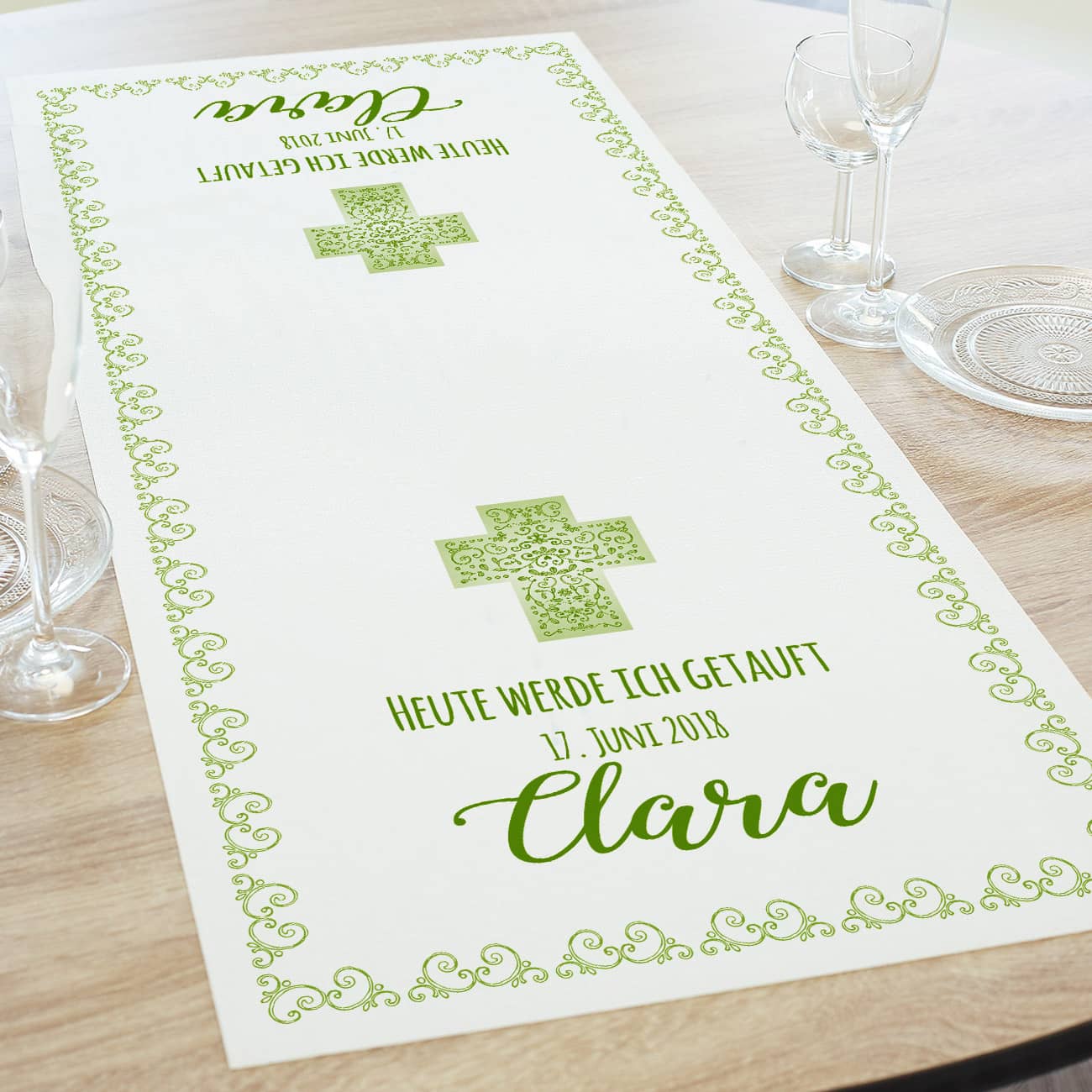 Tischläufer zur Kommunion, Konfirmation oder Taufe, in grün