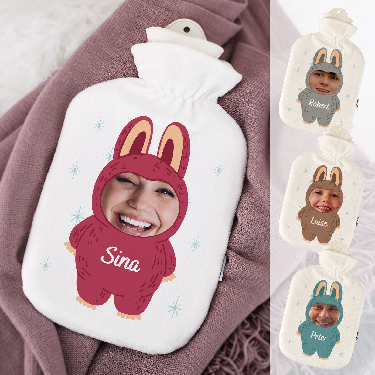 Wärmflasche mit Monster-Motiv in verschiedenen Varianten, personalisiert mit Fotos und Namen „Sina“, „Luise“ und „Peter“