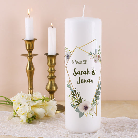 Hochzeitskerze mit Blüten und Wunschtext