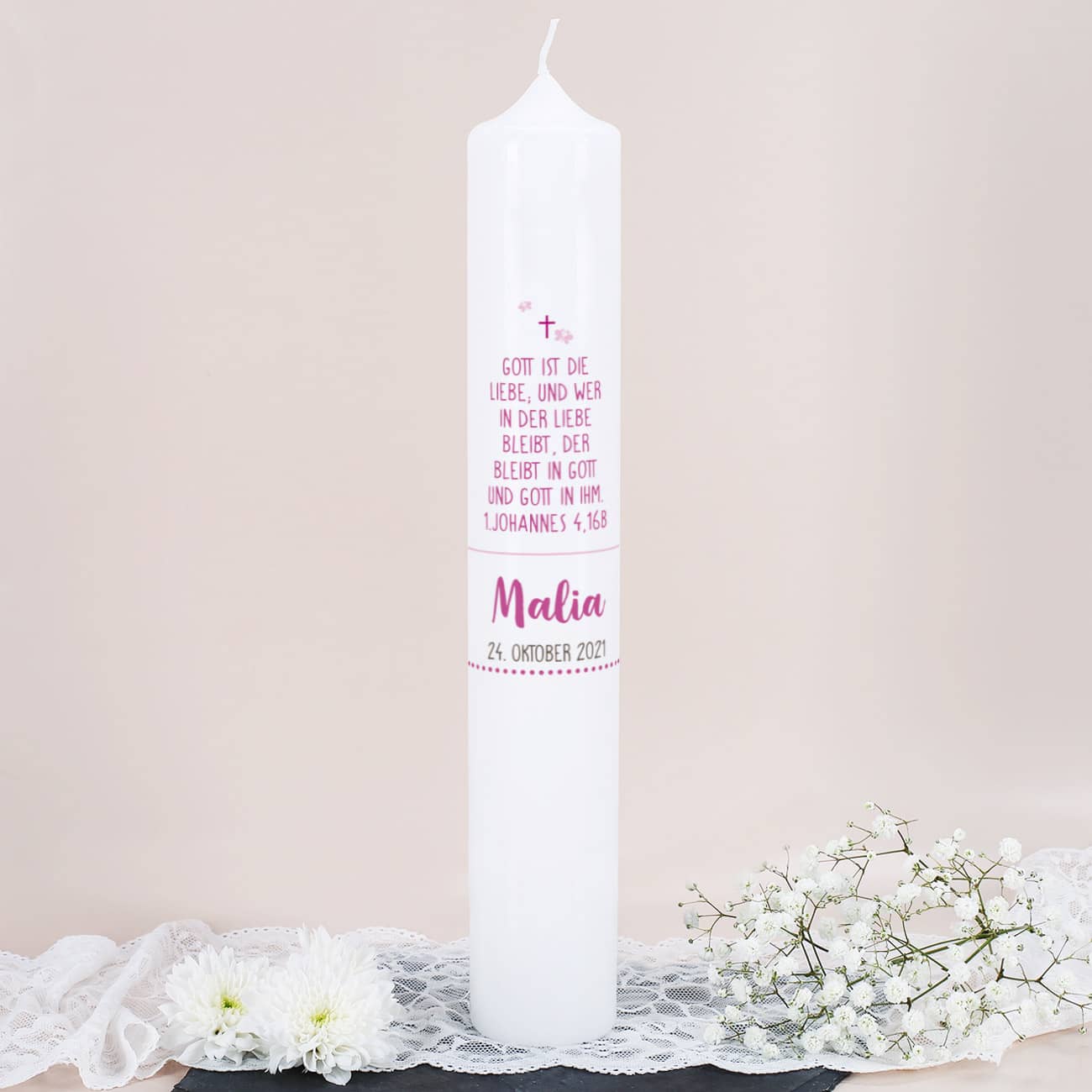 Große Taufkerze mit Lebensbaum in rosa, Name, Datum und Taufspruch, 38x6cm