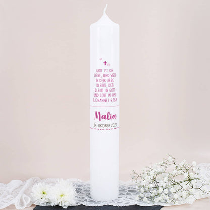 Große Taufkerze mit Lebensbaum in rosa, Name, Datum und Taufspruch, 38x6cm