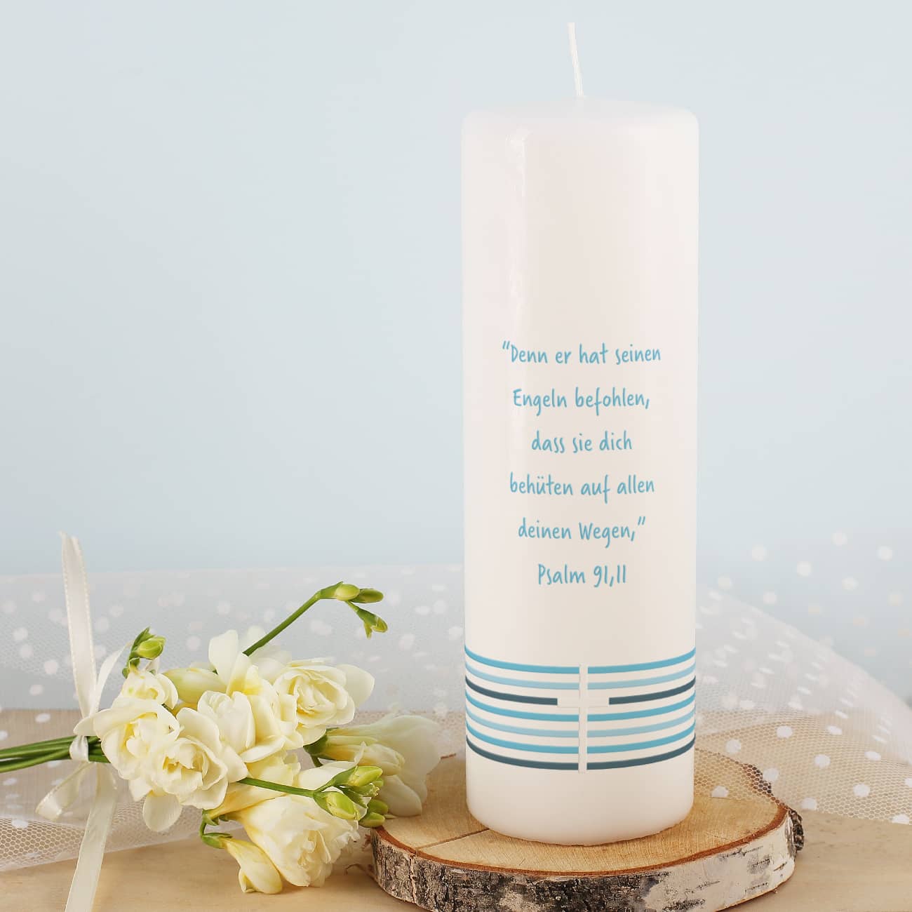 Taufkerze für Jungen - mit Name, Datum und Taufspruch