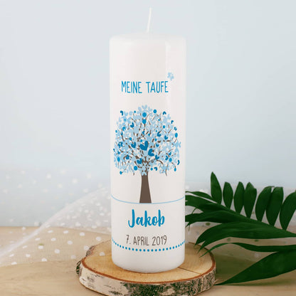 Taufkerze mit Lebensbaum in blau, Name, Datum und Taufspruch