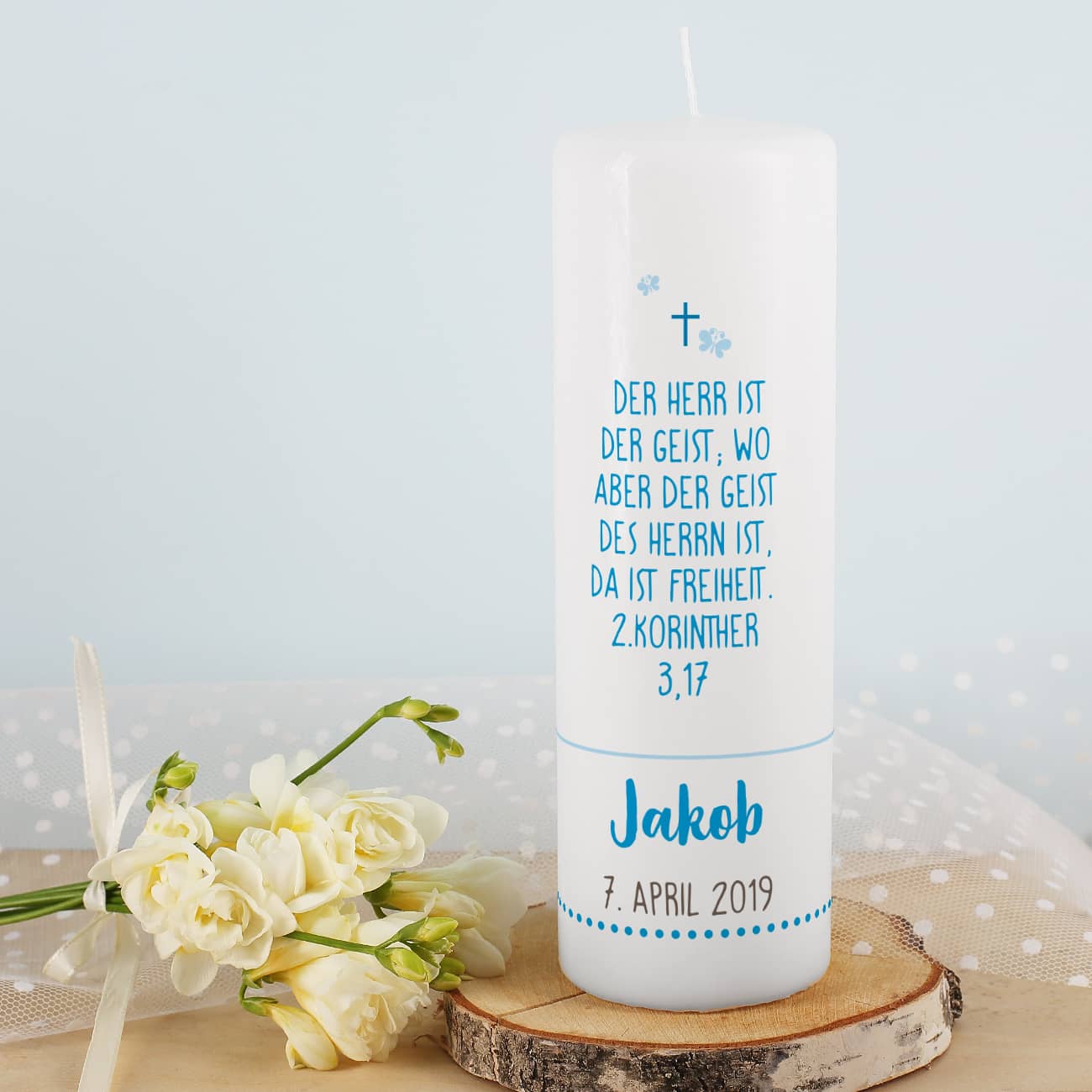  Taufkerze für Jungen mit Lebensbaum, Name, Datum und Taufspruch