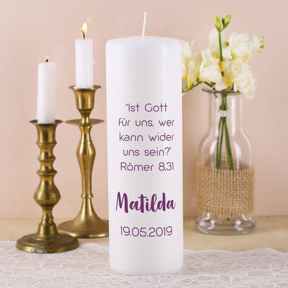 Konfirmationskerze - mit Name, Datum und Wunschtext in violett