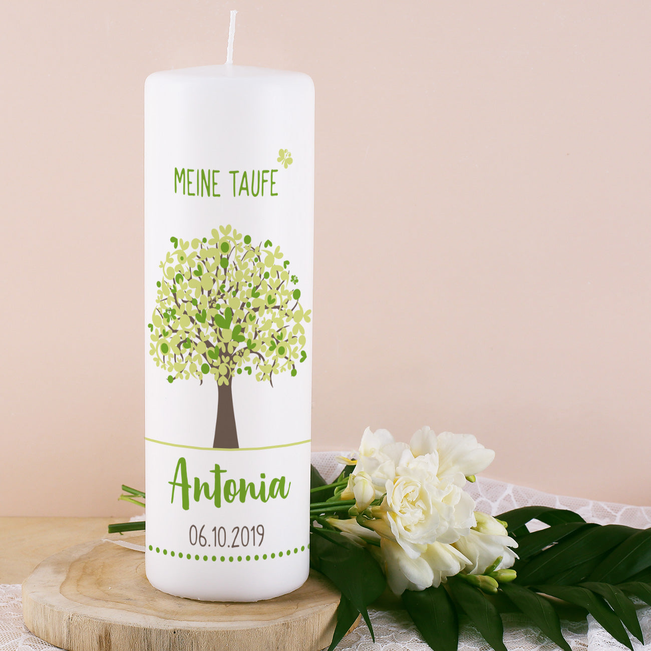 Lebensbaum Taufkerze in grün