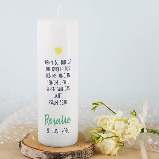 Taufkerze Regenbogen, Name, Datum und Taufspruch