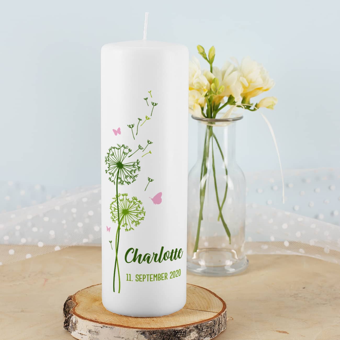 Taufkerze Pusteblume mit Name, Datum und Taufspruch