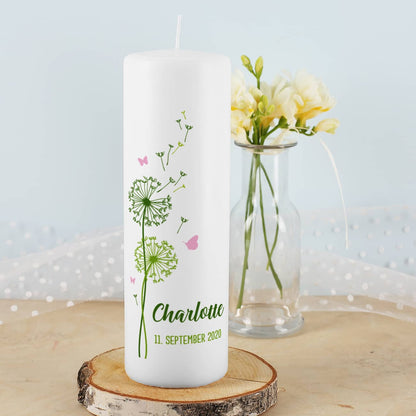 Taufkerze Pusteblume mit Name, Datum und Taufspruch