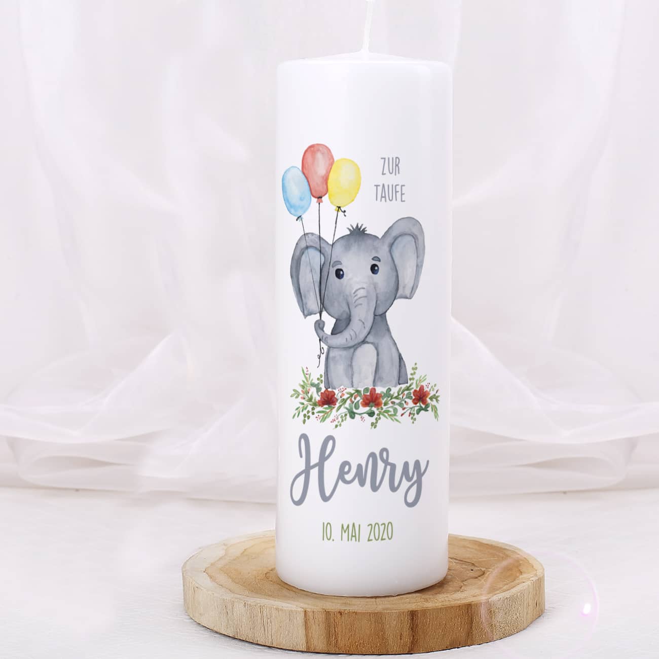 Taufkerze mit Elefant, Name, Datum und Taufspruch