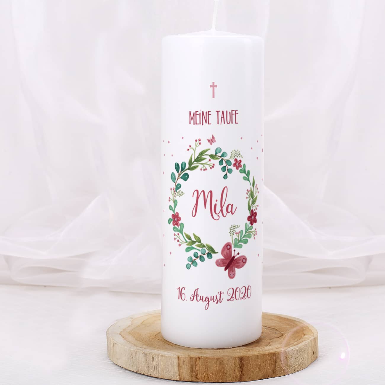 Taufkerze Blütenkranz mit Schmetterling