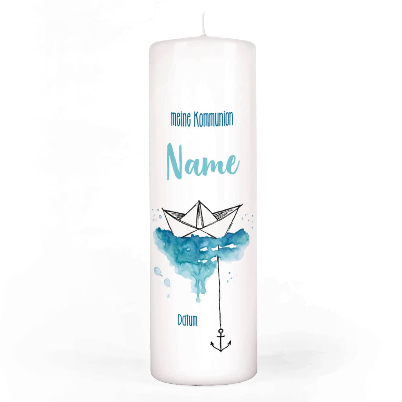 Kommunion Kerze mit Papierboot und Anker