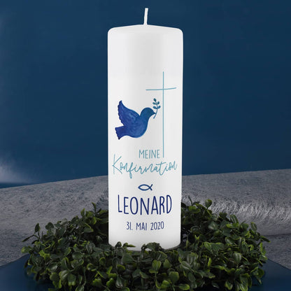 Kerze zur Konfirmation mit Kreuz, Taube und Fisch
