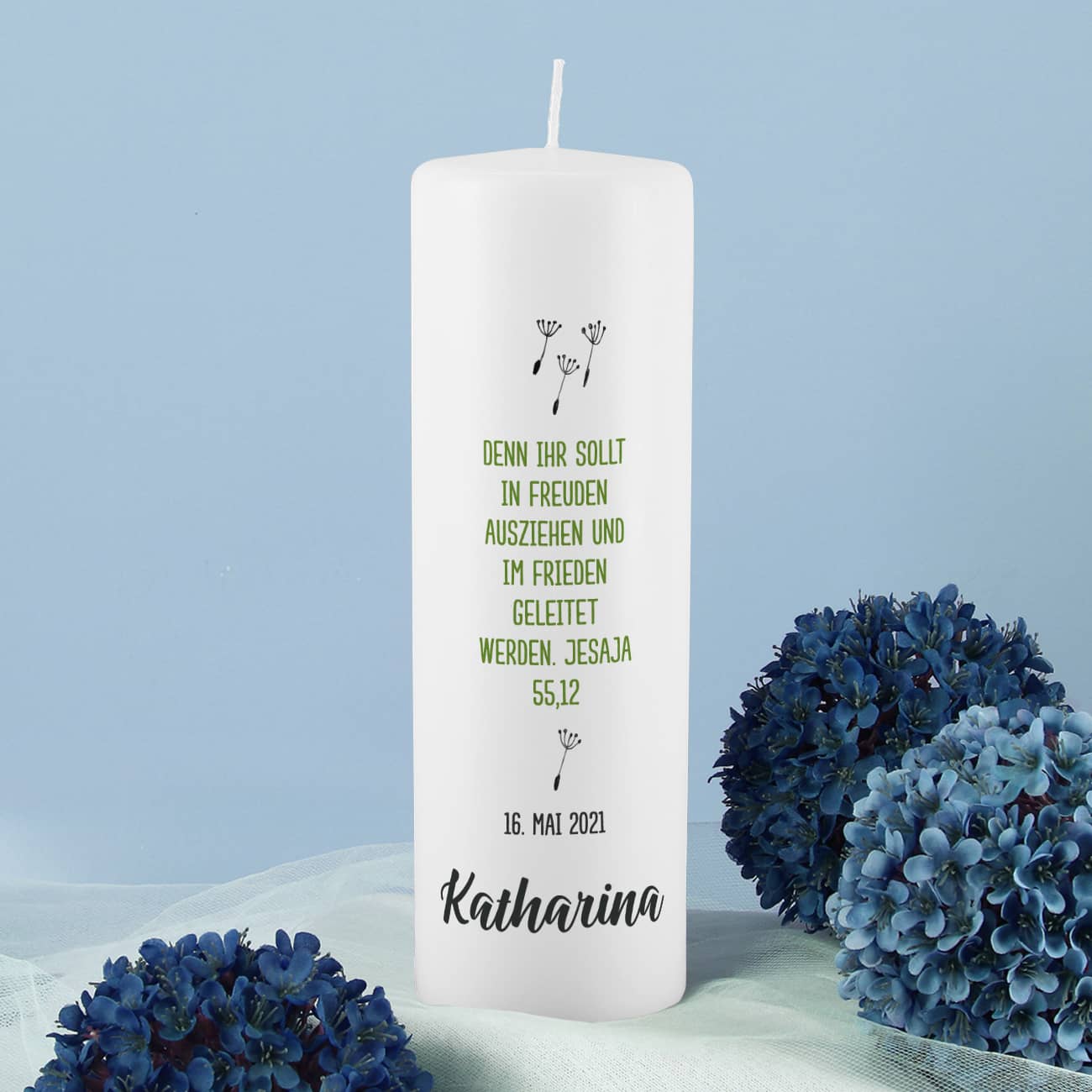 Konfirmation Kerze Pusteblume mit Name, Datum und Wunschtext