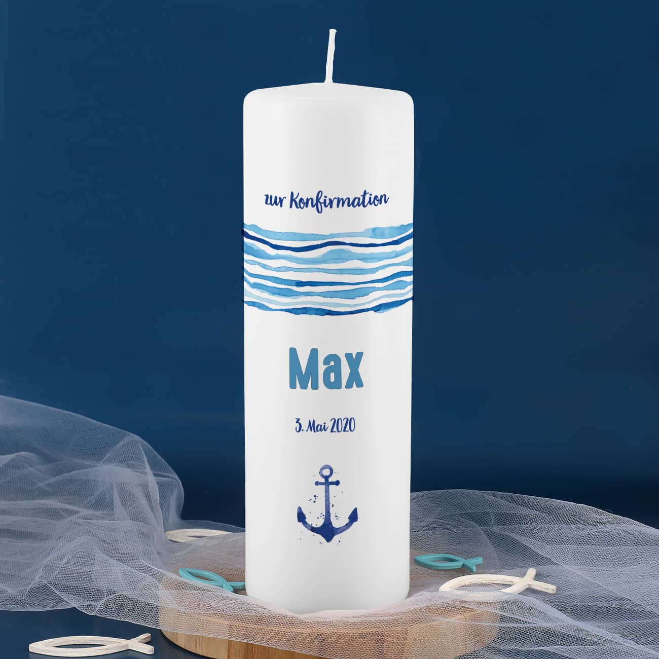 Konfirmationskerze mit Anker, Name, Datum und Wunschtext