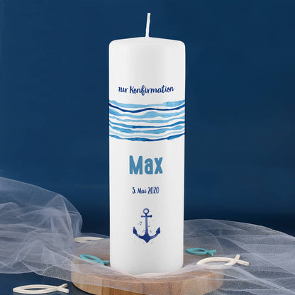 Konfirmationskerze mit Anker, Name, Datum und Wunschtext