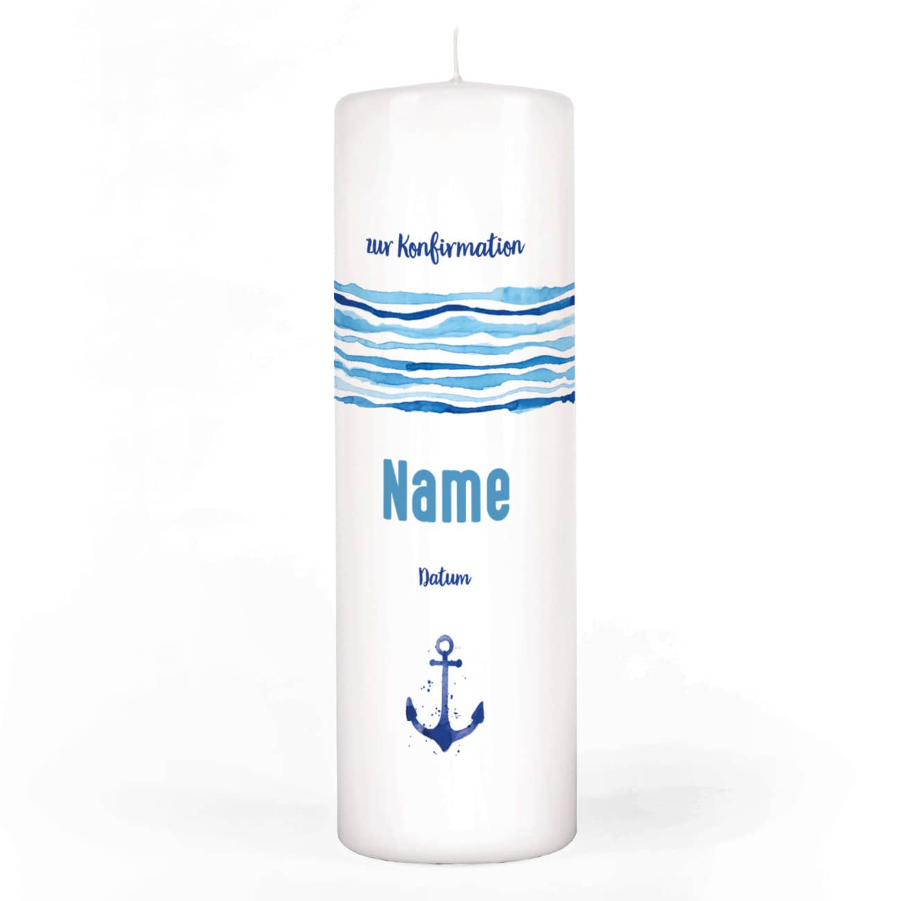Konfirmationskerze mit Anker, Name, Datum 