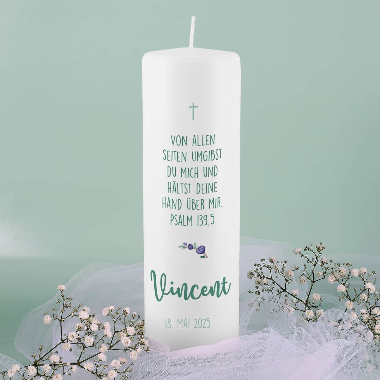 Kerze zur Kommunion mit Foto, Name, Datum und Wunschtext