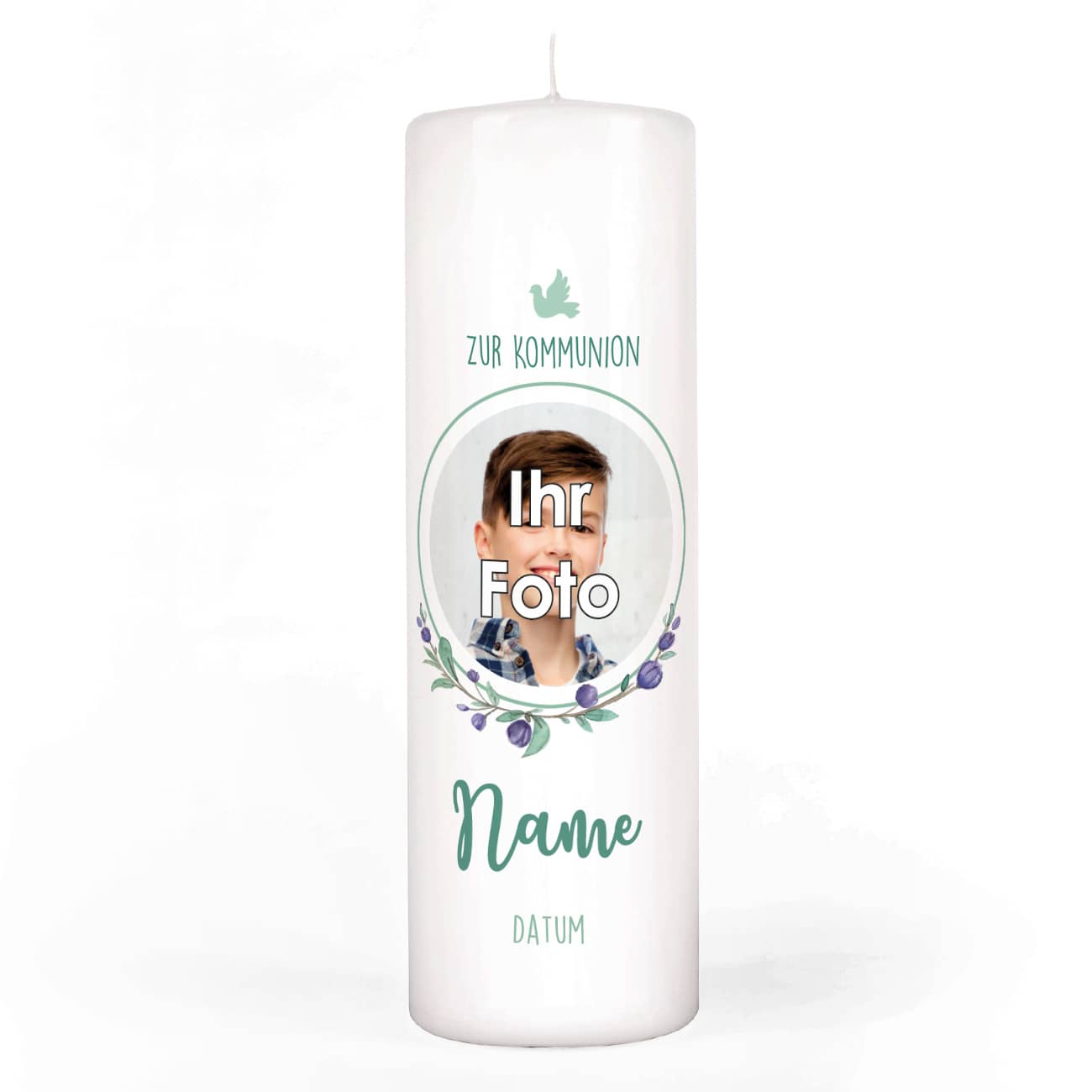 Kommunionkerze für Jungen mit Foto, Name, Datum und Wunschtext