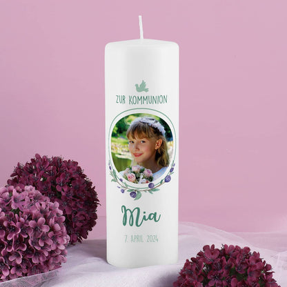 Kommunionkerze für Mädchen mit Foto, Name, Datum und Wunschtext