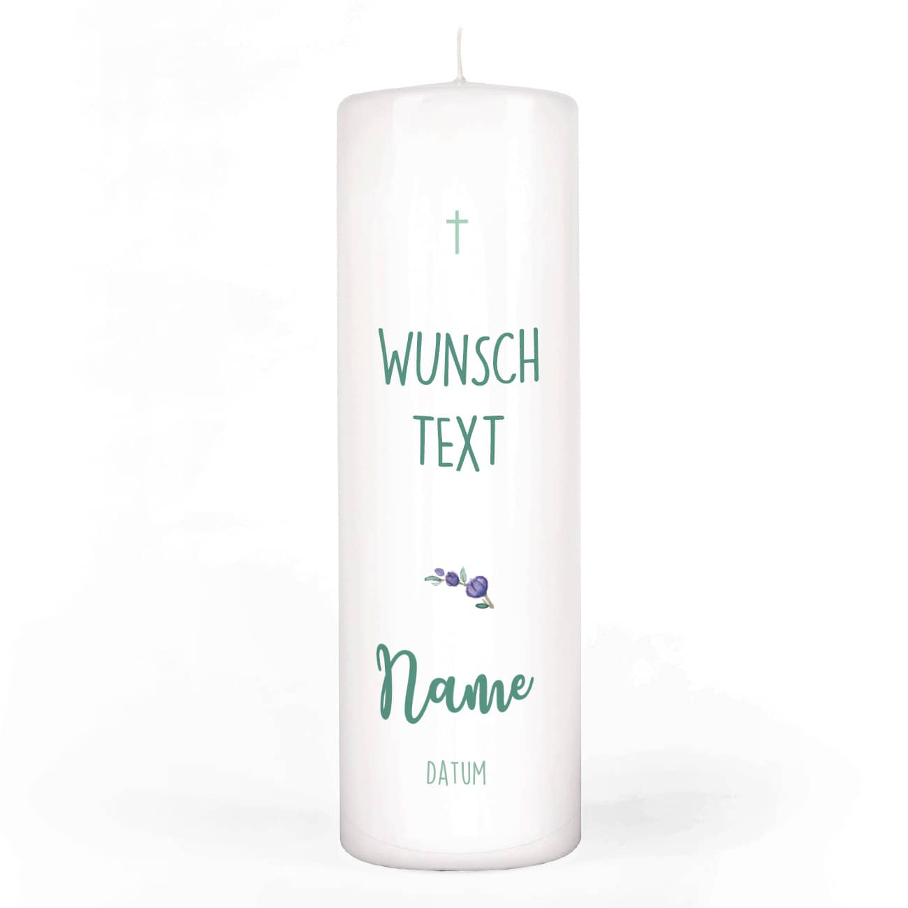 Kommunionkerze mit Foto, Name, Datum und Wunschtext - Rückseite